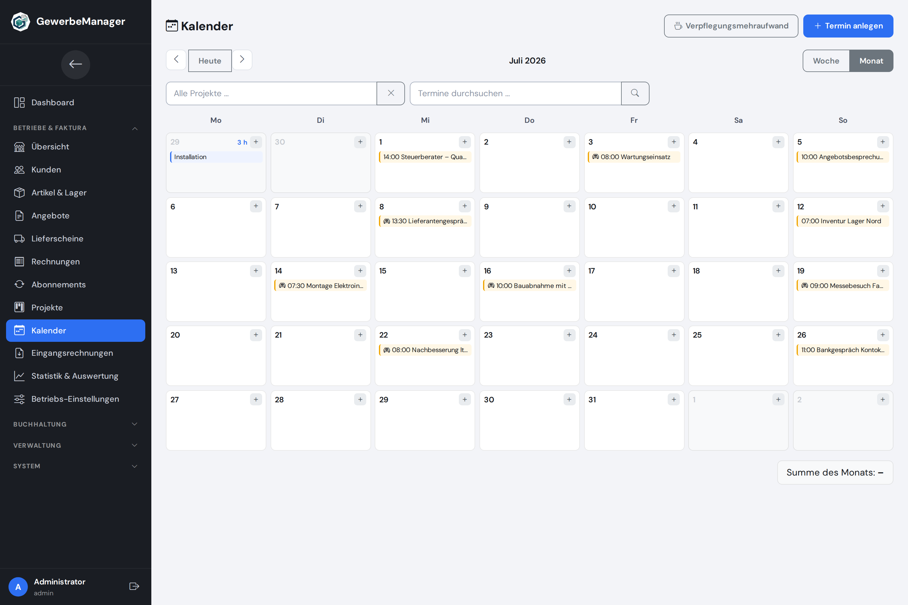 Kalender mit Projektfilter und Terminen