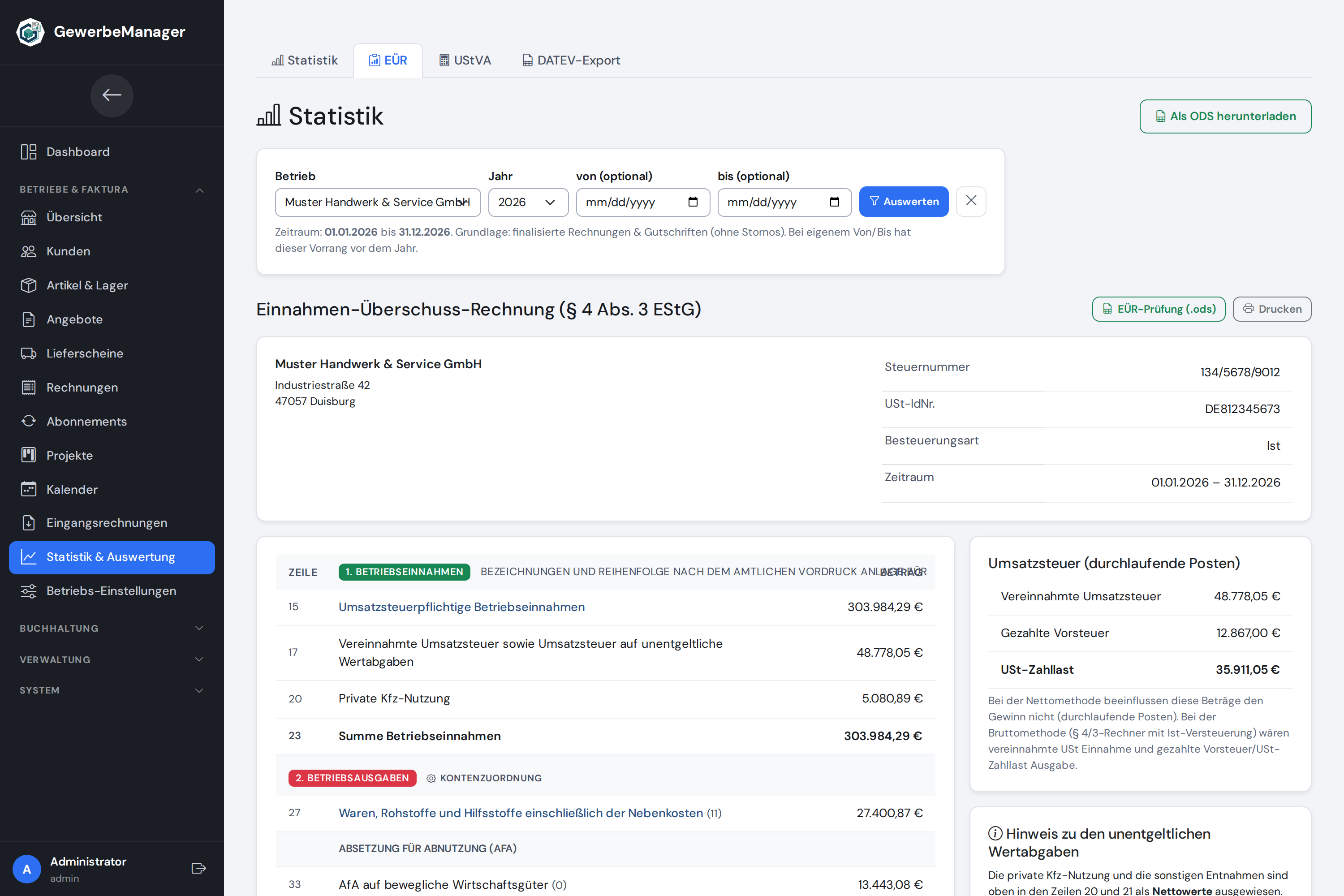 Einnahmen-Überschuss-Rechnung in der Software