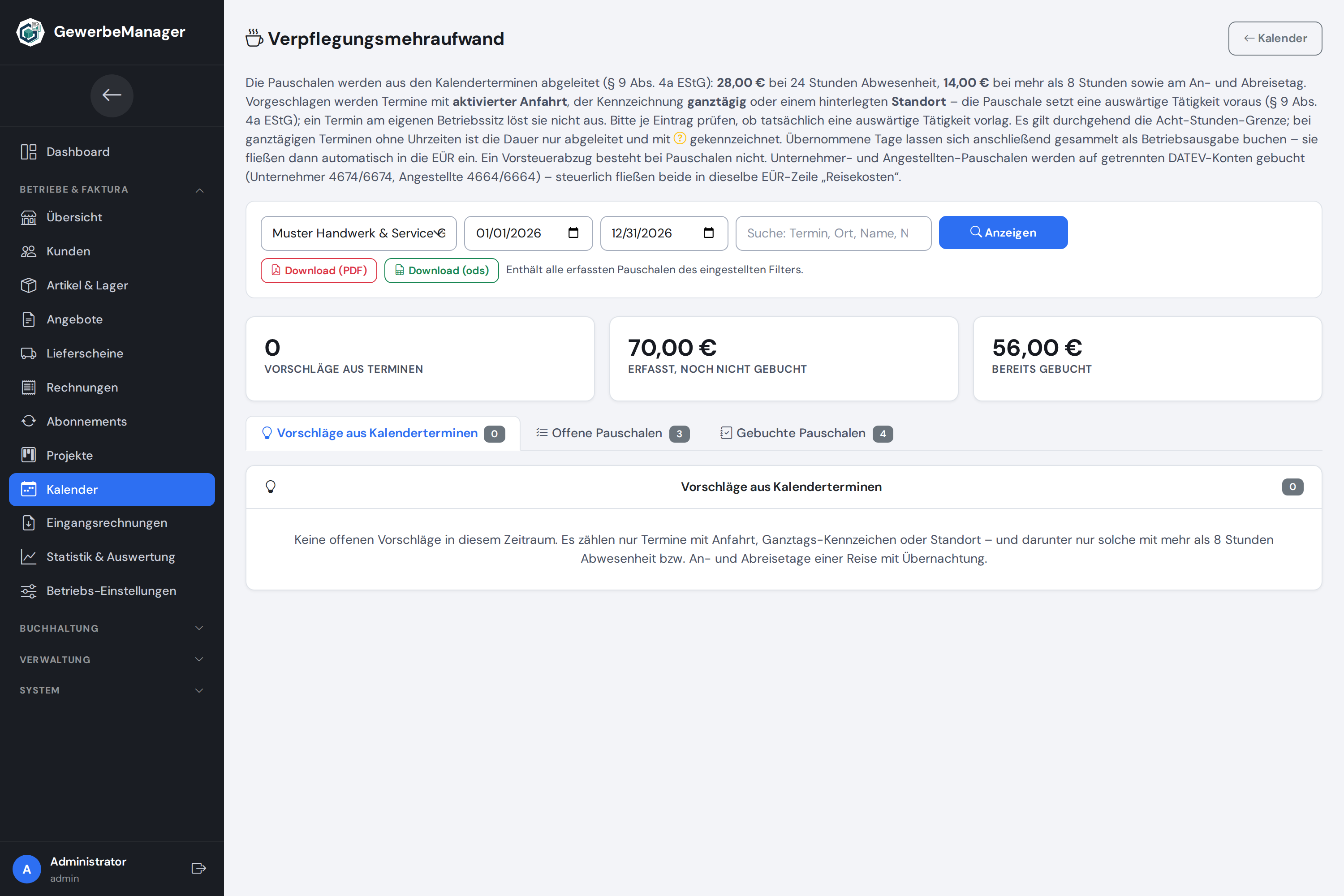 Verpflegungsmehraufwand aus Kalenderterminen