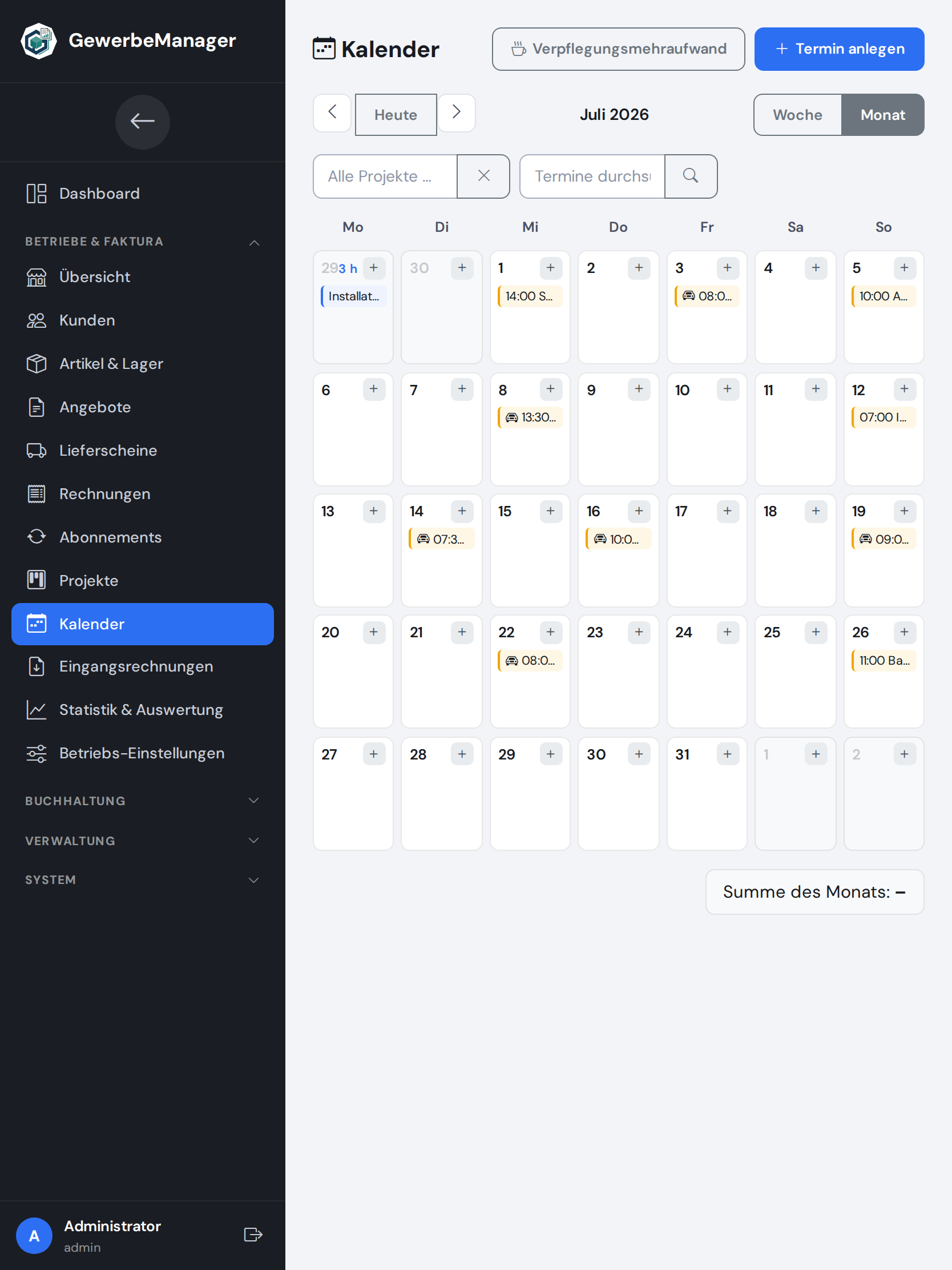 Kalender auf dem Tablet